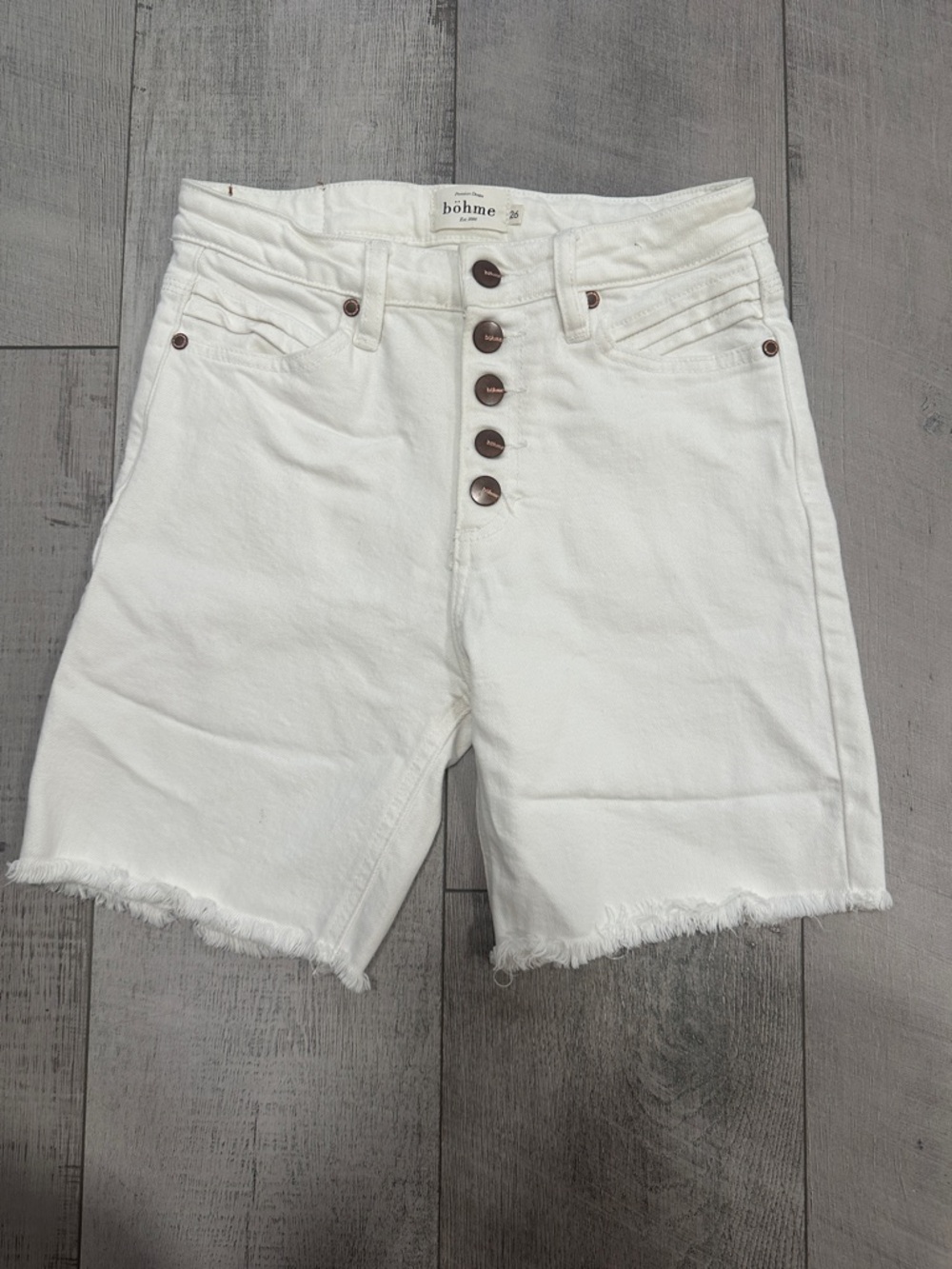 bohme White High-Rise Button-Fly Denim Shorts with Raw Hem